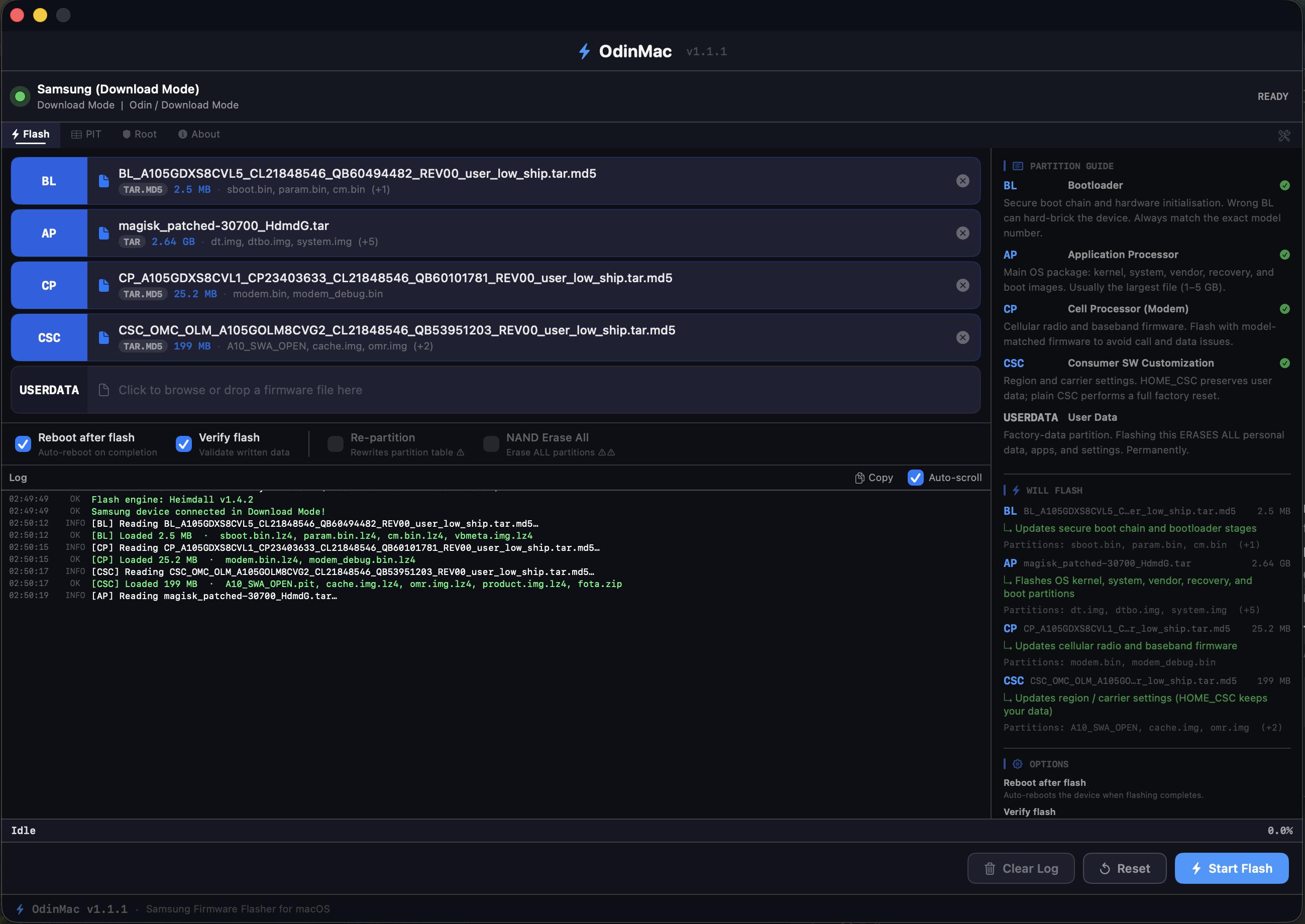 OdinMac firmware flashing interface showing firmware slots, logs, options, and partition guide